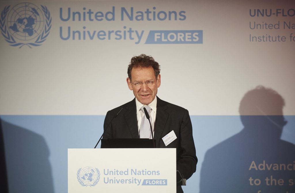 Prof. Konrad Osterwalder, Under-Secretary-General of United Nations; Rector of UNU, giving welcome address at the Opening Ceremony